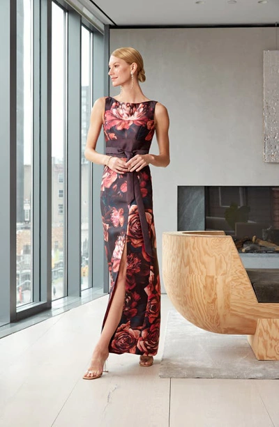 Shop Kay Unger Carina Floral Print Column Gown In Oxblood Multi