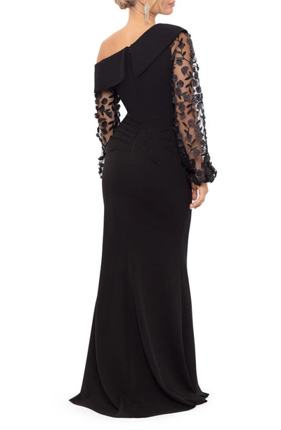 Xscape Petite Off-the-shoulder Floral-sleeve Gown In Black