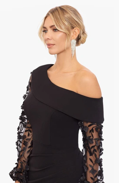 Shop Xscape Evenings Floral Appliqué Long Sleeve Gown In Black