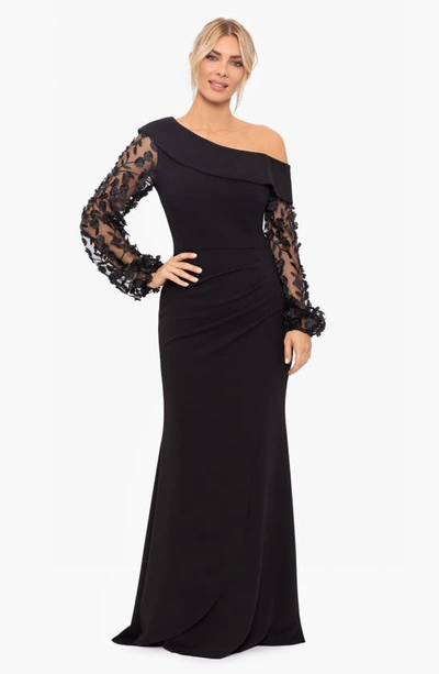 Xscape Petite Off-the-shoulder Floral-sleeve Gown In Black
