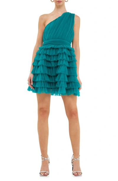 Endless Rose One-shoulder Tiered Minidress In Jade