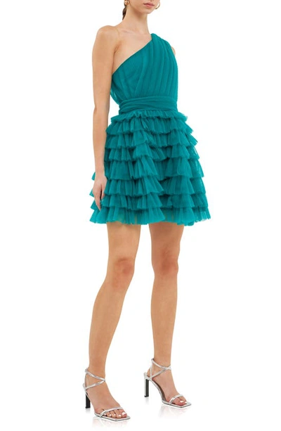 Endless Rose One-shoulder Tiered Minidress In Jade