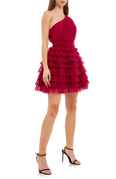 Endless Rose One-shoulder Tiered Minidress In Cherry
