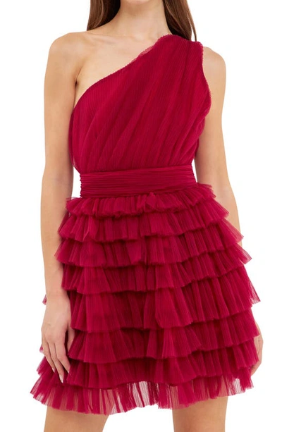 Endless Rose One-shoulder Tiered Minidress In Cherry