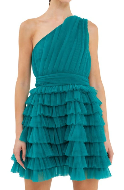 Endless Rose One-shoulder Tiered Minidress In Jade