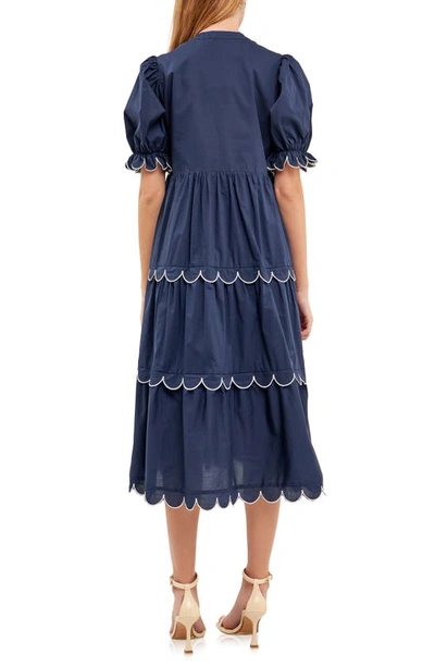 Shop English Factory Contrast Scalloped Trim Cotton Midi Dress In Navy/ White