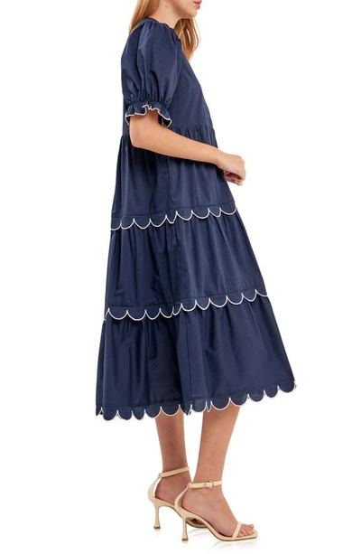 Shop English Factory Contrast Scalloped Trim Cotton Midi Dress In Navy/ White