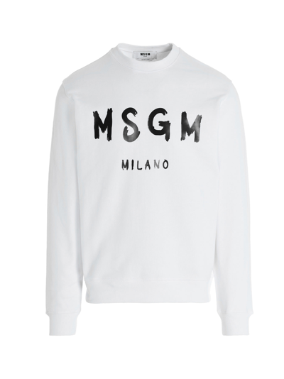 Msgm Cream Cotton Crewneck Sweatshirt With Brush Logo Print In White