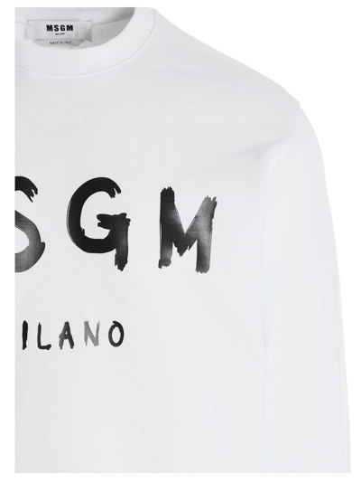 Msgm Cream Cotton Crewneck Sweatshirt With Brush Logo Print In White