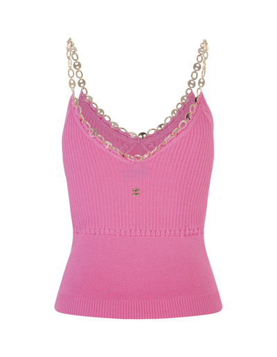Shop Paco Rabanne Woman Pink Knitted Top With Chain Straps In Bright Pink