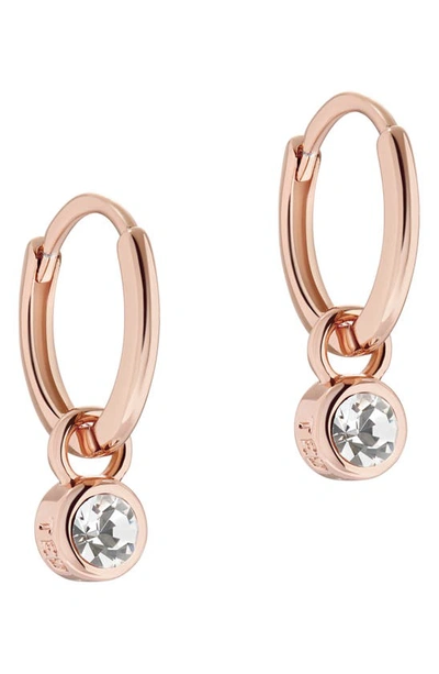 Shop Ted Baker Sinalaa Crystal Mini Huggie Hoop Earrings In Rose Gold Tone Clear Crystal