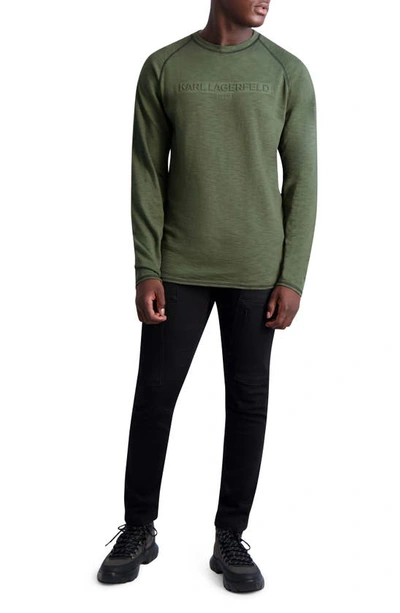 Shop Karl Lagerfeld Embossed Logo Long Sleeve Cotton T-shirt In Forest