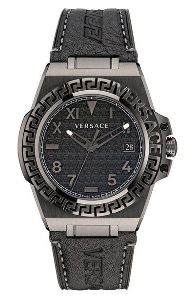 Shop Versace Greca Reaction Leather Strap Watch, 44mm In Ip Gunmetal