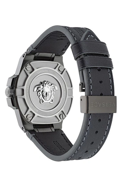 Shop Versace Greca Reaction Leather Strap Watch, 44mm In Ip Gunmetal