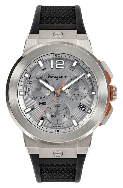 Shop Ferragamo F-80 Titanium Tech Chronograph Silicone Strap Watch, 44mm In Titanium Black/ Silver