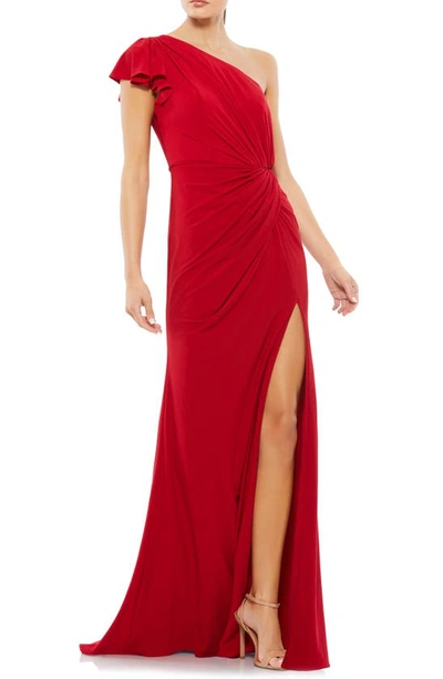 Shop Mac Duggal Draped One-shoulder Jersey Gown In Red