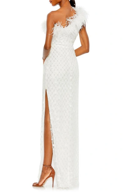 Mac Duggal One-shoulder Floral Sequin Feather Trim Sheath Gown In White