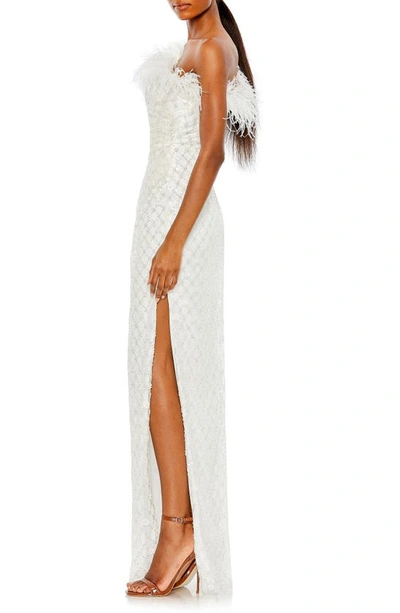 Shop Mac Duggal Floral Sequin Feather Trim One-shoulder Sheath Gown In White