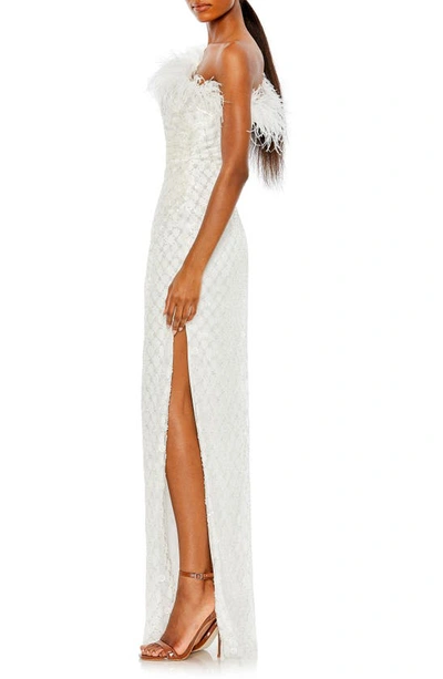 Mac Duggal One-shoulder Floral Sequin Feather Trim Sheath Gown In White