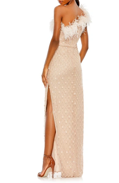 Shop Mac Duggal Floral Sequin Feather Trim One-shoulder Sheath Gown In Rose