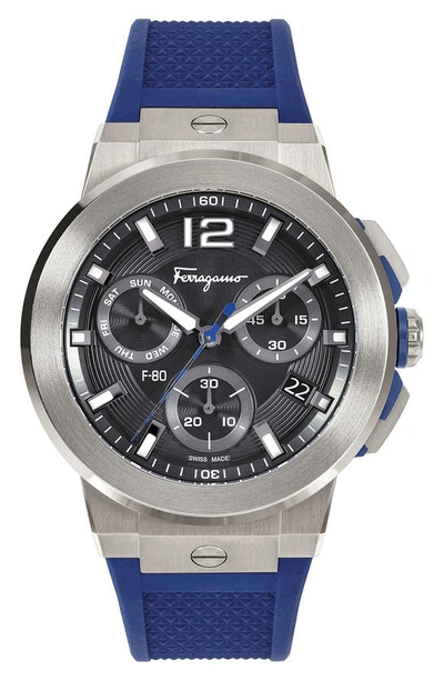 Shop Ferragamo F-80 Titanium Tech Chronograph Silicone Strap Watch, 44mm In Titanium Blue/ Black