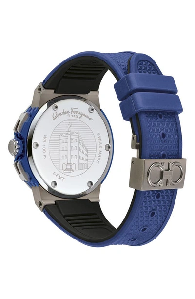 Shop Ferragamo F-80 Titanium Tech Chronograph Silicone Strap Watch, 44mm In Titanium Blue/ Black