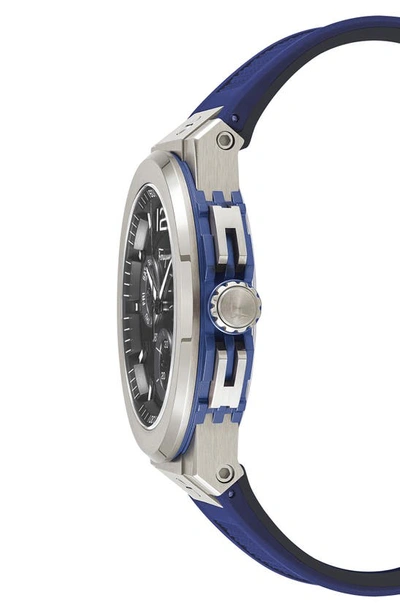 Shop Ferragamo F-80 Titanium Tech Chronograph Silicone Strap Watch, 44mm In Titanium Blue/ Black