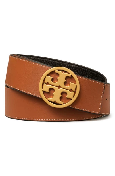 Shop Tory Burch Miller 1.5-inch Reversible Logo Belt In Black / Classic Cuoio / Gold