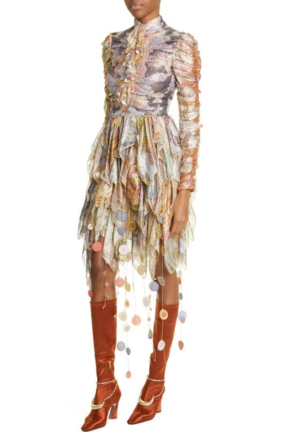 Shop Zimmermann Cosmic Zodiac Print Metallic Long Sleeve Handkerchief Hem Dress In Zodiac Girls Tile