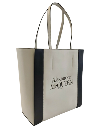 Alexander Mcqueen Ivory Leather Signature Logo Shopper Tote 653656 9050 In Ivory