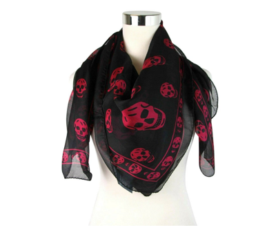 Alexander Mcqueen Women's Black Chiffon Silk With Purple Pink Skull Print Scarf 110640 1071 In Black