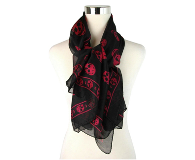 Alexander Mcqueen Women's Black Chiffon Silk With Purple Pink Skull Print Scarf 110640 1071 In Black