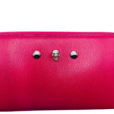Shop Alexander Mcqueen Women's Pink Leather Silver Skull Zip Around Wallet