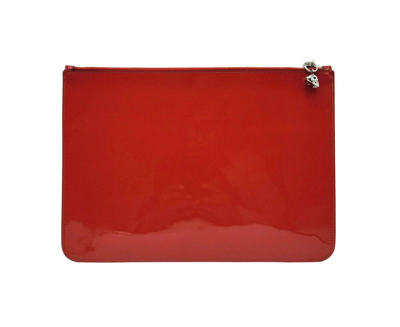 Alexander Mcqueen Women's Red Charm Patent Leather Silver Skull Large Pouch In Red