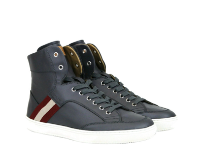 Bally Mens Dark Grey Calf Leather Hi-top Sneaker With Red Beige Oldani.o-225 In Dark Gray