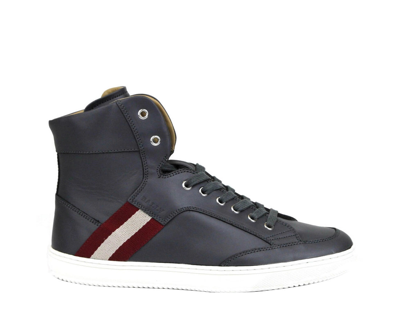 Bally Mens Dark Grey Calf Leather Hi-top Sneaker With Red Beige Oldani.o-225 In Dark Gray