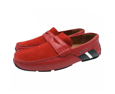 Bally Men's Red Piotre Leather / Suede With Black / White Web Logo Slip On Loafer Shoes (7 Eu / 8d U In Red