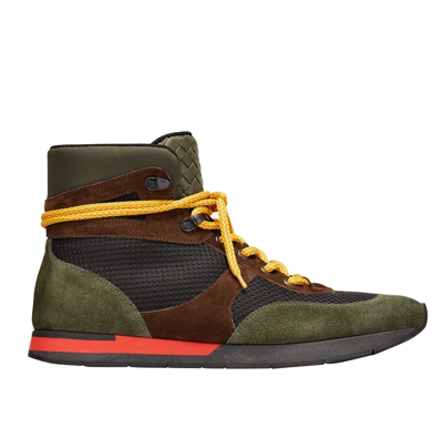Bottega Veneta Mesh High Top Green / Brown / Black Suede Leather Sneaker 417024 3364 In Green / Brown / Black