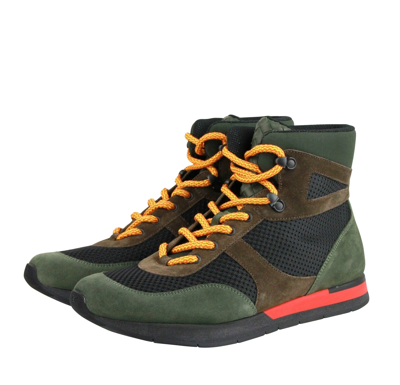 Shop Bottega Veneta Mesh High Top Green / Brown / Black Suede Leather Sneaker 417024 3364