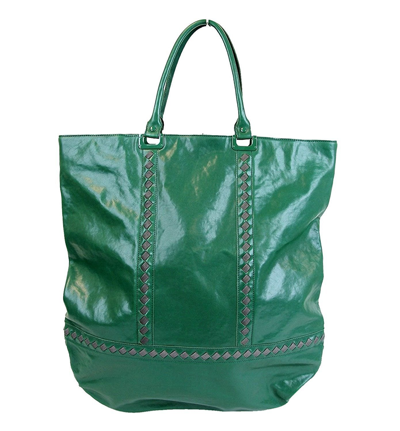 Shop Bottega Veneta Unisex Green Leather Woven Detail Tote Bag