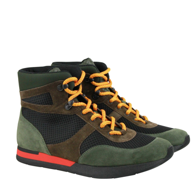 Shop Bottega Veneta Mesh High Top Green / Brown / Black Suede Leather Sneaker 417024 3364