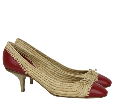 Bottega Veneta Women's Bow Beige Red Straw Leather Ballet Flat 338295 9867 (39.5 Eu / 9.5 Us) In Beige Red