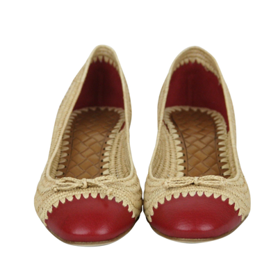Bottega Veneta Women's Bow Beige Red Straw Leather Ballet Flat 338295 9867 (39.5 Eu / 9.5 Us) In Beige Red
