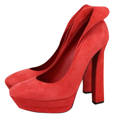 Shop Bottega Veneta Women's Suede Platform Heel Pump 333003 In Red