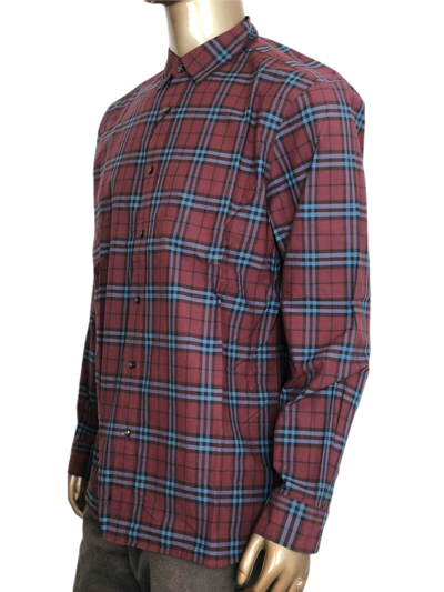 Shop Burberry Alexander Men's Crimson Red/blue Checked Cotton Shirt (s