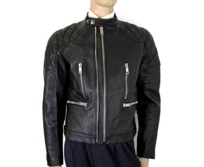 Shop Burberry Men's Black Leather Diamond Quilted Biker Jacket