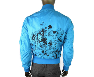 Shop Burberry Men's Blue Nylon Doodle Print Bomber Jacket In Bright Blue