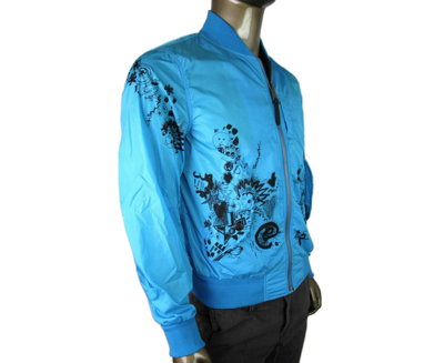 Shop Burberry Men's Blue Nylon Doodle Print Bomber Jacket In Bright Blue