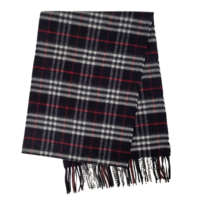 Shop Burberry Navy Vintage Checker Cashmere Long Scarf With Fringe In Blue