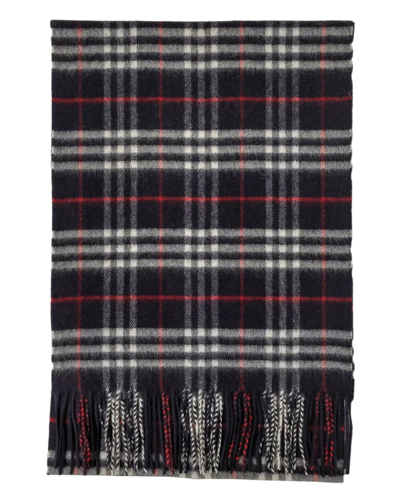 Shop Burberry Navy Vintage Checker Cashmere Long Scarf With Fringe In Blue